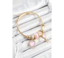 316L Çelik Pembe Zirkon Taşlı Anahtar Ve Kalp Model Gold Renk Charm Bileklik - TJ-BB7322