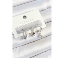 Pirinç Zirkon Taşlı Halka Model Gümüş Renk 3'lü Çift Kadın Küpe Set - TJ-BKP10800