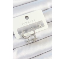 Pirinç Zirkon Taşlı Çiçek Ve Ay Model Gümüş Renk 3'lü Çift Kadın Küpe Set - TJ-BKP10804