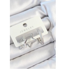 Pirinç Zirkon Taşlı Yıldız Ve Halka Model Gümüş Renk 3'lü Çift Kadın Küpe Set - TJ-BKP10808