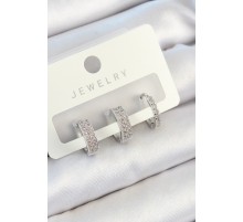 Pirinç Zirkon Taşlı Halka Model Gümüş Renk 3'lü Çift Kadın Küpe Set - TJ-BKP10810