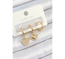 Pirinç Zirkon Taşlı Sallantılı Kalp Model Gold Renk 3'lü Çift Kadın Küpe Set - TJ-BKP10814