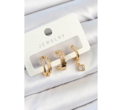 Pirinç Zirkon Taşlı Halka Model Gold Renk 3'lü Çift Kadın Küpe Set - TJ-BKP10826 Pirinç Zirkon Taşlı Halka Model Gold Renk 3'lü Çift Kadın Küpe Set - TJ-BKP10826