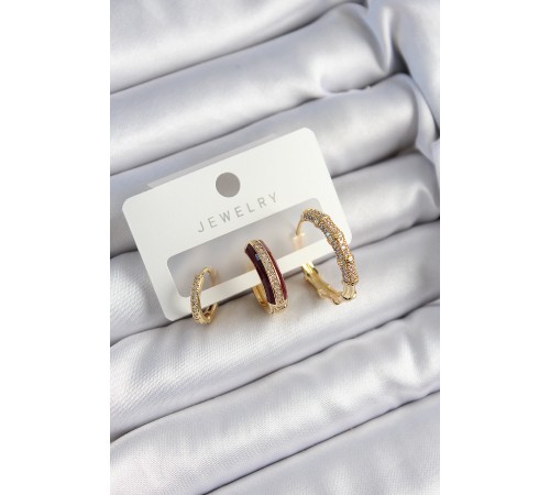 Pirinç Zirkon Taşlı Bordo Halka Model Gold Renk 3'lü Çift Kadın Küpe Set - TJ-BKP10834 Pirinç Zirkon Taşlı Bordo Halka Model Gold Renk 3'lü Çift Kadın Küpe Set - TJ-BKP10834