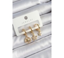 Pirinç Zirkon Taşlı Yıldız Model Gold Renk 3'lü Çift Kadın Küpe Set - TJ-BKP10835