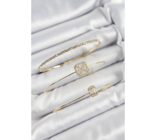 Pirinç Zirkon Taşlı Baget Model Gold Renk Vip 3'lü Kadın Bileklik - TJ-BB7334