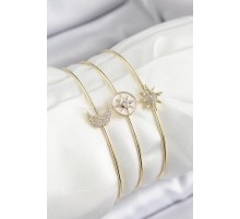 Pirinç Zirkon Taşlı Ay Ve Kutup Yıldızı Model Gold Renk Vip 3'lü Kadın Bileklik - TJ-BB7337
