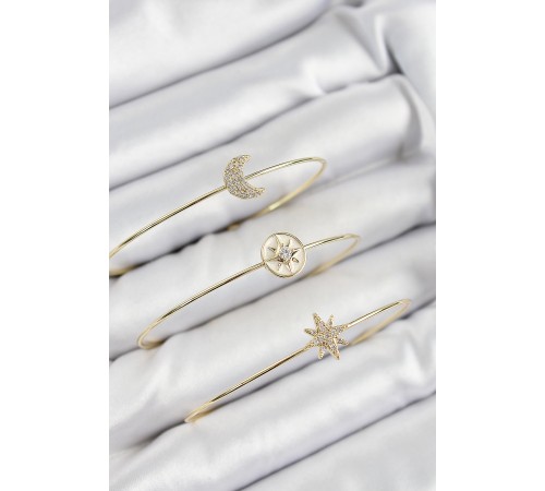 Pirinç Zirkon Taşlı Ay Ve Kutup Yıldızı Model Gold Renk Vip 3'lü Kadın Bileklik - TJ-BB7337 Pirinç Zirkon Taşlı Ay Ve Kutup Yıldızı Model Gold Renk Vip 3'lü Kadın Bileklik - TJ-BB7337