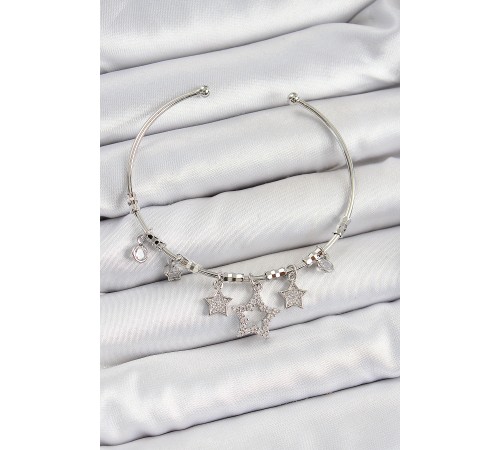 Pirinç Zirkon Taşlı Yıldız Model Gümüş Renk Charm Bileklik - TJ-BB7347 Pirinç Zirkon Taşlı Yıldız Model Gümüş Renk Charm Bileklik - TJ-BB7347
