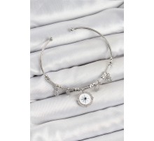 Pirinç Zirkon Taşlı Pusula Model Gümüş Renk Charm Bileklik - TJ-BB7349