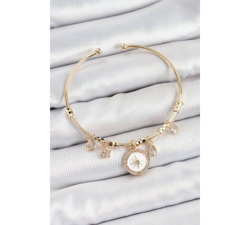 Pirinç Zirkon Taşlı Pusula Model Gold Renk Charm Bileklik - TJ-BB7353 Pirinç Zirkon Taşlı Pusula Model Gold Renk Charm Bileklik - TJ-BB7353