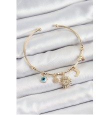 Pirinç Zirkon Taşlı Güneş Ay Nazar Model Gold Renk Charm Bileklik - TJ-BB7354