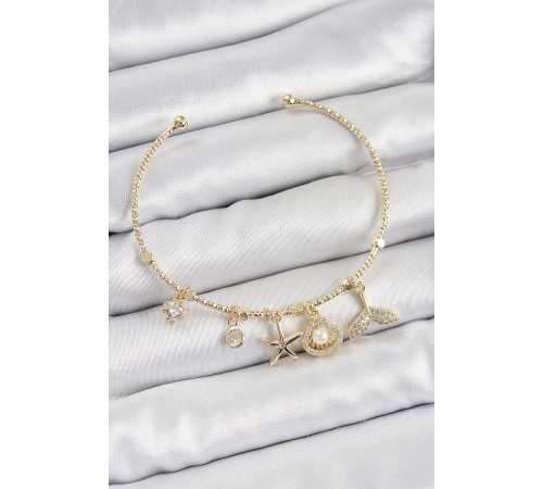 Pirinç Zirkon Taşlı İstiridye Ve Deniz Yıldızı Model Gold Renk Charm Bileklik - TJ-BB7358 Pirinç Zirkon Taşlı İstiridye Ve Deniz Yıldızı Model Gold Renk Charm Bileklik - TJ-BB7358