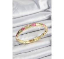 Mineli Pirinç Pembe Ve Hardal Çiçek Motifli Gold Renk Kadın Kelepçe - TJ-BB7369