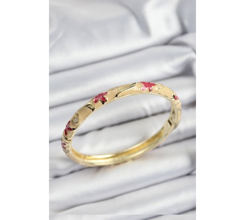 Mineli Pirinç Pembe Ve Krem Çiçek Motifli Gold Renk Kadın Kelepçe - TJ-BB7370 Mineli Pirinç Pembe Ve Krem Çiçek Motifli Gold Renk Kadın Kelepçe - TJ-BB7370