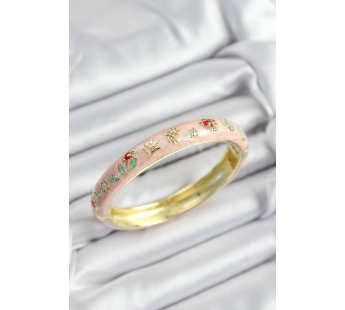 Mineli Pirinç Pembe Çiçek Motifli Gold Renk Kadın Kelepçe - TJ-BB7375 Mineli Pirinç Pembe Çiçek Motifli Gold Renk Kadın Kelepçe - TJ-BB7375