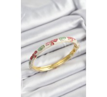 Mineli Pirinç Pembe Yeşil Ve Krem Çiçek Motifli Gold Renk Kadın Kelepçe - TJ-BB7386