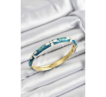 Mineli Pirinç Mavi Ve Beyaz Çiçek Motifli Gold Renk Kadın Kelepçe - TJ-BB7390