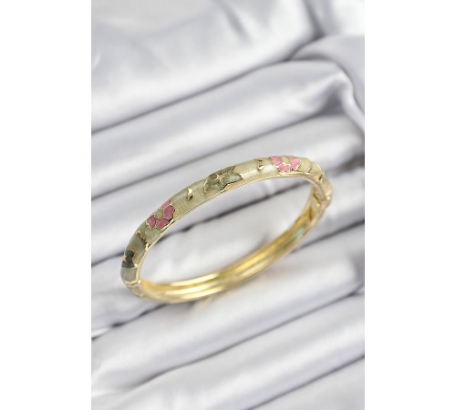 Mineli Pirinç Pembe Ve Yeşil Çiçek Motifli Gold Renk Kadın Kelepçe - TJ-BB7395 Mineli Pirinç Pembe Ve Yeşil Çiçek Motifli Gold Renk Kadın Kelepçe - TJ-BB7395