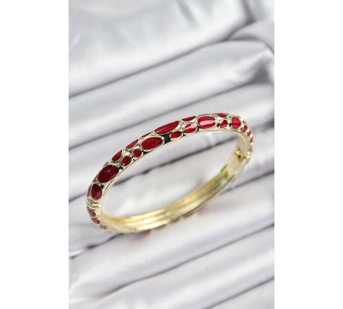 Mineli Pirinç Kırmızı Petek Motifli Gold Renk Kadın Kelepçe - TJ-BB7406 Mineli Pirinç Kırmızı Petek Motifli Gold Renk Kadın Kelepçe - TJ-BB7406