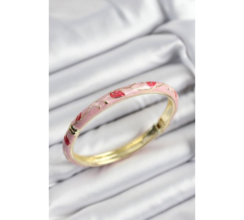 Mineli Pirinç Kırmızı ve Pembe Yaprak Motifli Gold Renk Kadın Kelepçe - TJ-BB7412 Mineli Pirinç Kırmızı ve Pembe Yaprak Motifli Gold Renk Kadın Kelepçe - TJ-BB7412