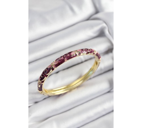 Mineli Pirinç Pembe Ve Fuşya Çiçek Motifli Gold Renk Kadın Kelepçe - TJ-BB7416 Mineli Pirinç Pembe Ve Fuşya Çiçek Motifli Gold Renk Kadın Kelepçe - TJ-BB7416
