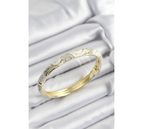 Mineli Pirinç Beyaz Ve Gri Sarmal Motifli Gold Renk Kadın Kelepçe - TJ-BB7420 Mineli Pirinç Beyaz Ve Gri Sarmal Motifli Gold Renk Kadın Kelepçe - TJ-BB7420