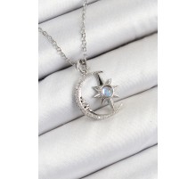 316L Çelik Zirkon Taşlı Kutup Yıldızlı Hilal Model Gümüş Renk Kadın Kolye - TJ-BKO10342