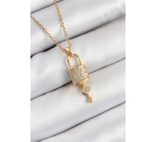 316L Çelik Zirkon Taşlı Kilit Ve Sallantılı Anahtar Model Gold Renk Kadın Kolye - TJ-BKO10353