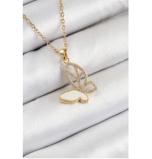 316L Çelik Zirkon Taşlı Kelebek Model Gold Renk Kadın Kolye - TJ-BKO10359