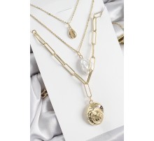 Pirinç Çoklu Zincirli İncili Deniz Kabuğu Model Gold Renk Kadın Kolye - TJ-BKO10370