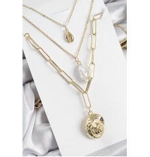 Pirinç Çoklu Zincirli İncili Deniz Kabuğu Model Gold Renk Kadın Kolye - TJ-BKO10370