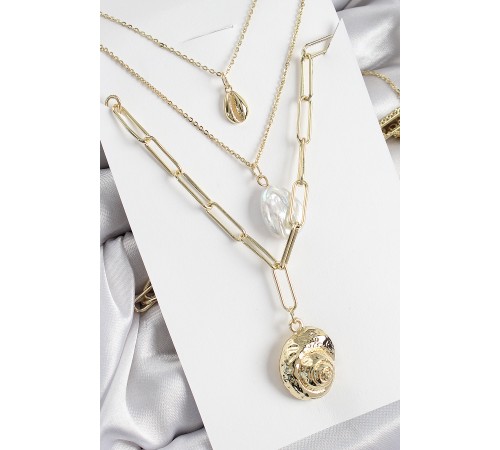 Pirinç Çoklu Zincirli İncili Deniz Kabuğu Model Gold Renk Kadın Kolye - TJ-BKO10370 Pirinç Çoklu Zincirli İncili Deniz Kabuğu Model Gold Renk Kadın Kolye - TJ-BKO10370