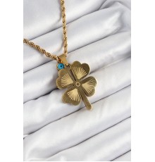 316L Çelik Burgu Zincirli Nazar Detaylı Yonca Model Gold Renk Kadın Kolye - TJ-BKO10377