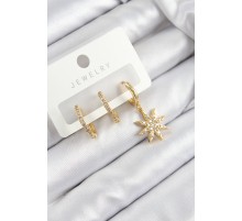 Pirinç Zirkon Taşlı Kutup Yıldızı Model Gold Renk 3'lü Set Kadın Küpe - TJ-BKP10913