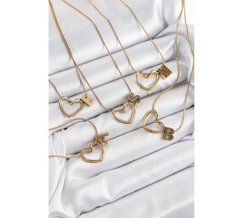 316L Çelik Kalp Detaylı Gold Renk Harf Kolye 24'lü Paket Kolye - TJ-BKO10379