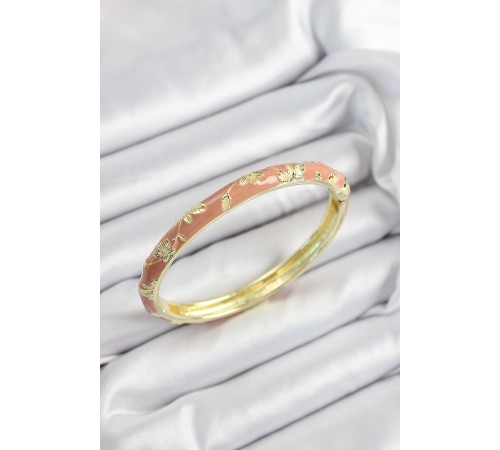 Mineli Pirinç Pembe Çiçek Motifli Gold Renk Kadın Kelepçe - TJ-BB7440 Mineli Pirinç Pembe Çiçek Motifli Gold Renk Kadın Kelepçe - TJ-BB7440