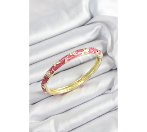 Mineli Pirinç Pembe Çiçek Motifli Gold Renk Kadın Kelepçe - TJ-BB7443 Mineli Pirinç Pembe Çiçek Motifli Gold Renk Kadın Kelepçe - TJ-BB7443