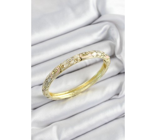 Mineli Pirinç Zirkon Taşlı Beyaz Pembe Çiçek Motifli Gold Renk Kadın Kelepçe - TJ-BB7452 Mineli Pirinç Zirkon Taşlı Beyaz Pembe Çiçek Motifli Gold Renk Kadın Kelepçe - TJ-BB7452