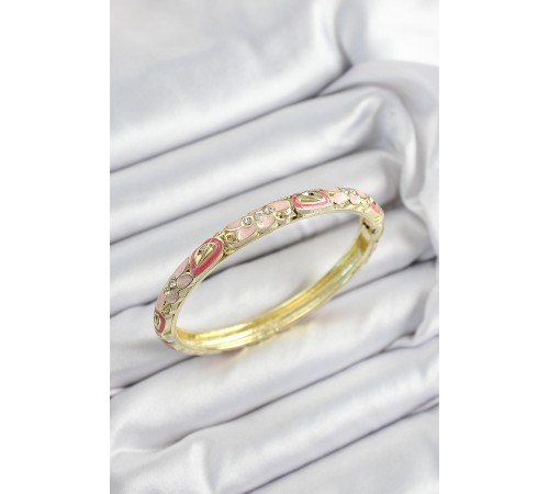 Mineli Pirinç Zirkon Taşlı Pembe Çiçek Motifli Gold Renk Kadın Kelepçe - TJ-BB7453 Mineli Pirinç Zirkon Taşlı Pembe Çiçek Motifli Gold Renk Kadın Kelepçe - TJ-BB7453