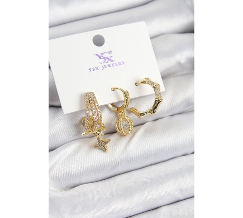 Pirinç Zİrkon Taşlı Sallantılı Yıldız Model Gold Renk 3'lü Kadın Küpe - TJ-BKP10938 Pirinç Zİrkon Taşlı Sallantılı Yıldız Model Gold Renk 3'lü Kadın Küpe - TJ-BKP10938