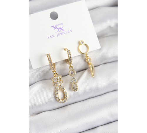 Pirinç Zİrkon Taşlı Sallantılı Model Gold Renk 3'lü Kadın Küpe - TJ-BKP10939 Pirinç Zİrkon Taşlı Sallantılı Model Gold Renk 3'lü Kadın Küpe - TJ-BKP10939
