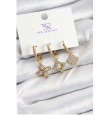 Pirinç Zİrkon Taşlı Yonca Model Gold Renk 3'lü Kadın Küpe - TJ-BKP10949