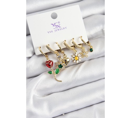 Pirinç Zİrkon Taşlı Gül Ve Papatya Model Gold Renk 3'lü Çift Kadın Küpe - TJ-BKP10957 Pirinç Zİrkon Taşlı Gül Ve Papatya Model Gold Renk 3'lü Çift Kadın Küpe - TJ-BKP10957