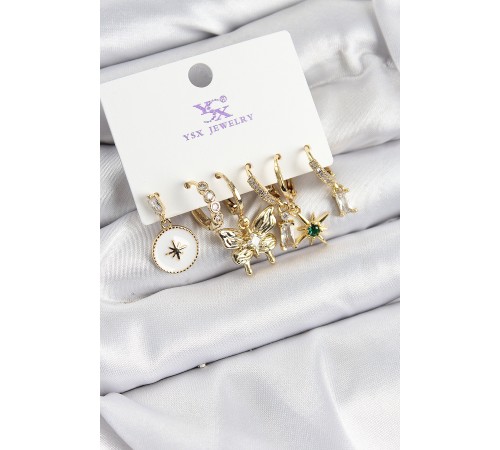 Pirinç Zİrkon Taşlı Kelebek ve Yıldız Model Gold Renk 3'lü Çift Kadın Küpe - TJ-BKP10959 Pirinç Zİrkon Taşlı Kelebek ve Yıldız Model Gold Renk 3'lü Çift Kadın Küpe - TJ-BKP10959