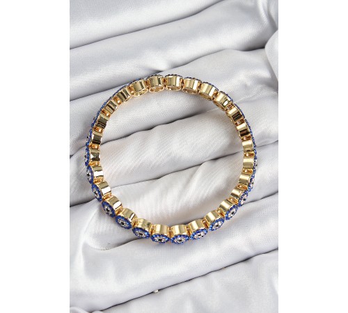 Pirinç Zirkon Taşlı Lacivert Nazar Model Gold Renk Lastikli Kadın Bileklik - TJ-BB7495 Pirinç Zirkon Taşlı Lacivert Nazar Model Gold Renk Lastikli Kadın Bileklik - TJ-BB7495