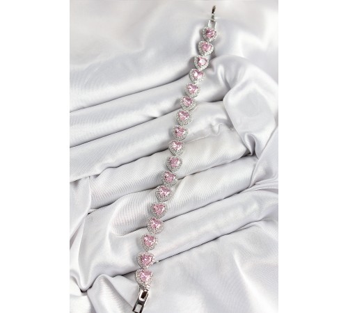 Pirinç Zirkon Taşlı Pembe Kalp Baget Model Gümüş Renk VIP Seri Kadın Bileklik - TJ-BB7501 Pirinç Zirkon Taşlı Pembe Kalp Baget Model Gümüş Renk VIP Seri Kadın Bileklik - TJ-BB7501