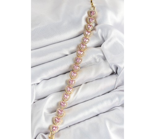 Pirinç Zirkon Taşlı Pembe Kalp Baget Model Gold Renk VIP Seri Kadın Bileklik - TJ-BB7502 Pirinç Zirkon Taşlı Pembe Kalp Baget Model Gold Renk VIP Seri Kadın Bileklik - TJ-BB7502