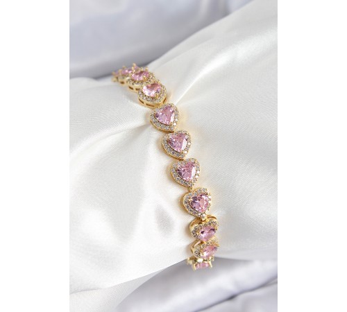 Pirinç Zirkon Taşlı Pembe Kalp Baget Model Gold Renk VIP Seri Kadın Bileklik - TJ-BB7502 Pirinç Zirkon Taşlı Pembe Kalp Baget Model Gold Renk VIP Seri Kadın Bileklik - TJ-BB7502