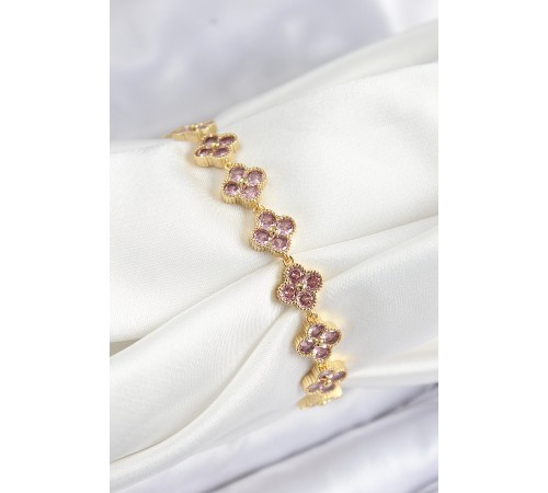 Pirinç Pembe Zirkon Taşlı Yonca Model Gold Renk VIP Seri Kadın Bileklik - TJ-BB7515 Pirinç Pembe Zirkon Taşlı Yonca Model Gold Renk VIP Seri Kadın Bileklik - TJ-BB7515